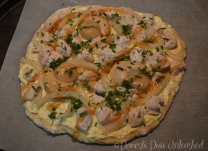 Domestic Diva: Creamy Garlic Chicken and Seafood Pizza ready for the oven