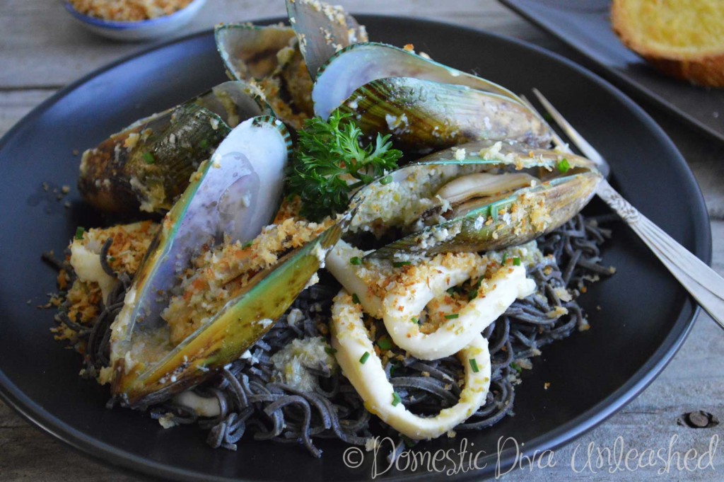 Domestic Diva: Mussels & Calamari with Black Bean Spaghetti
